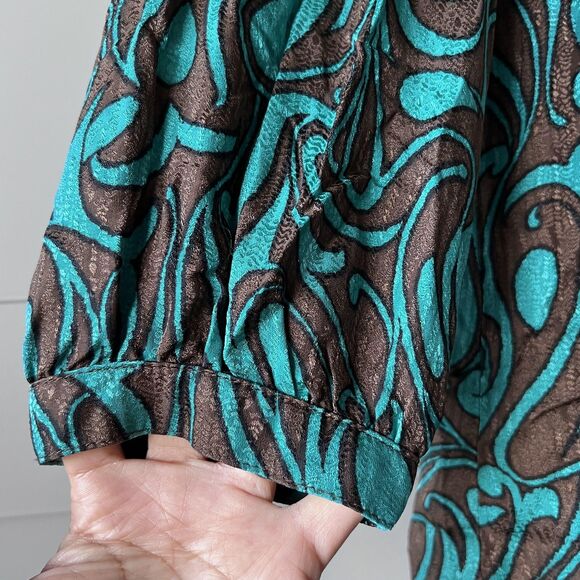 Trina Turk Shirt Womens Petite Brown Teal Silk Jacquard Button Blouse 3/4 Sleeve - Picture 5 of 12